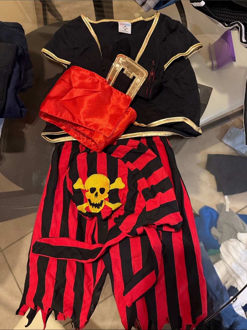 Kids Pirate Costume - Black and Red Stripe with Gold Skull Accent 2t
